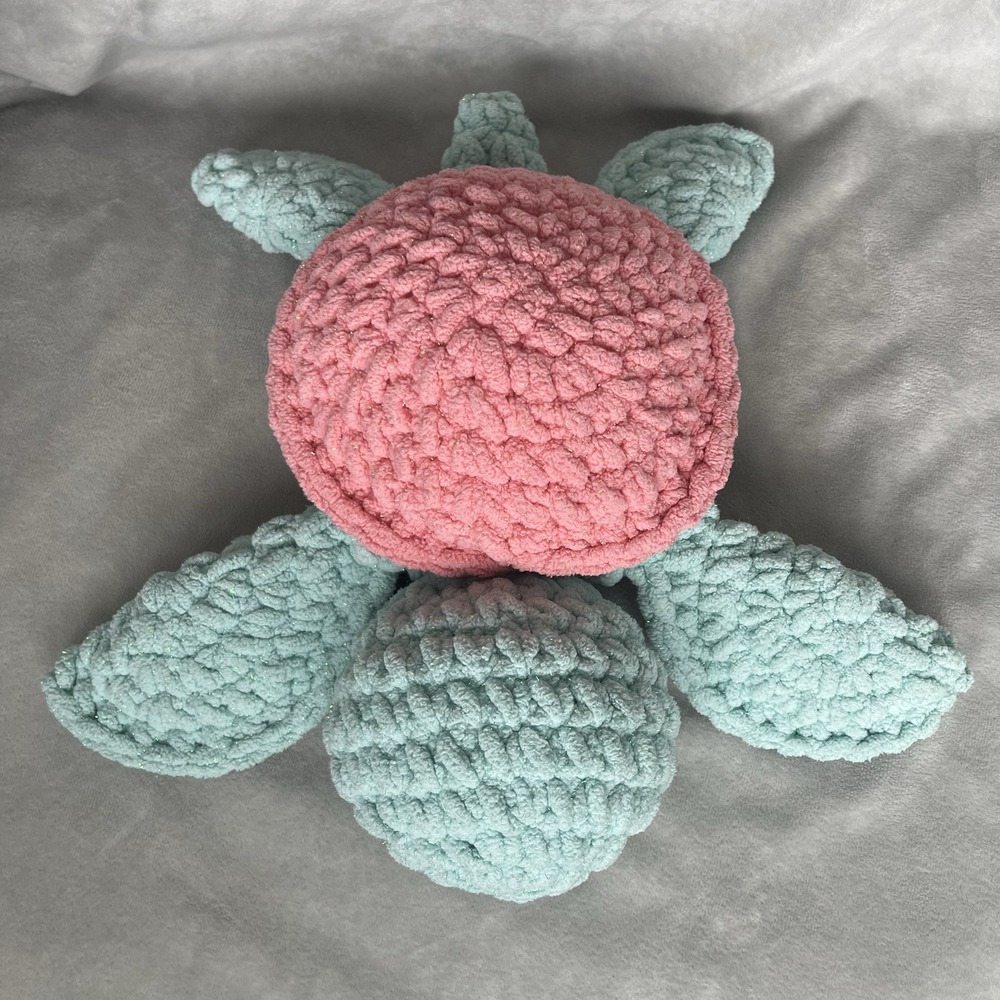 Crochet Turtle Pink Green Sparkles 12" x 13" Handmade Strawberry Pink Lemonade - Picture 4 of 8
